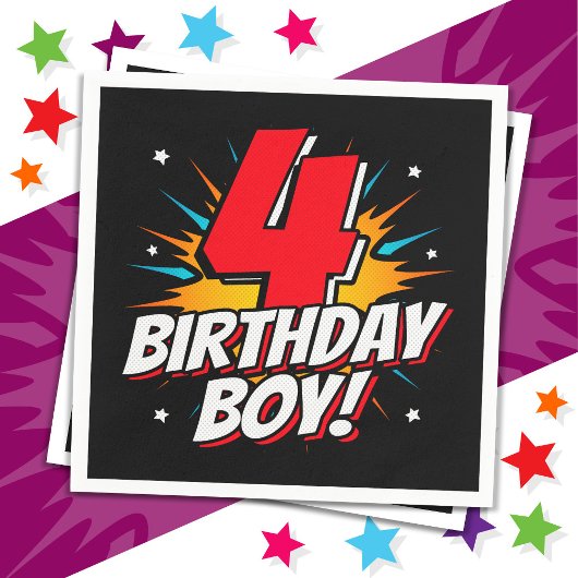 4歳スーパーヒーロー誕生日少年4歳の誕生日 スタンダードカクテルナプキン