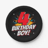 4歳スーパーヒーロー誕生日少年4歳の誕生日 ペーパープレート (正面)