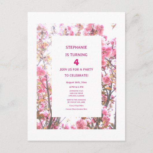 4歳フローラ4カスタム歳ピンクさくらんぼ インビテーションポストカード (正面)