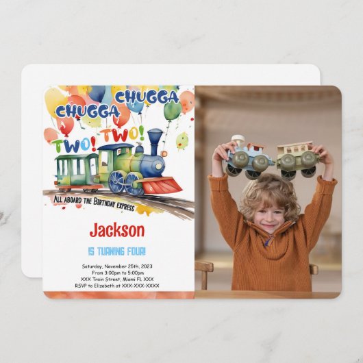 4歳誕生日列車パーティ写真 招待状 (正面/裏面)