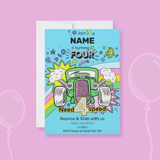 4歳誕生日 レインボー ホットロッド 4速が必要な招待状 招待状