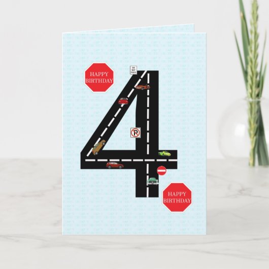 4歳、4歳の誕生日、おもちゃ車と道路 カード (正面)