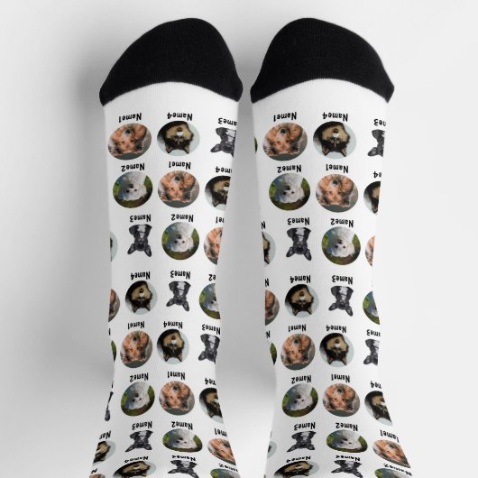 4犬、4名、犬の写真 – 白パーソナライズされた色 ソックス (上部)
