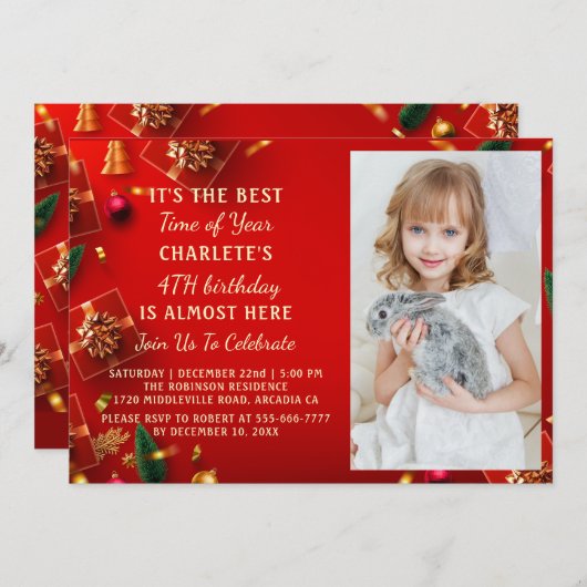 4番目のクリスマスバースデーパーティーの写真 招待状 (正面/裏面)