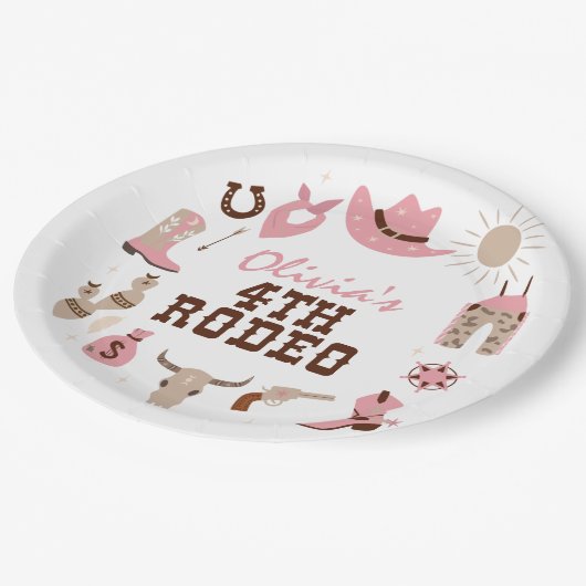 4番目のロデオピンクウェスタンカウボーイ4th誕生日 ペーパープレート (アングル)