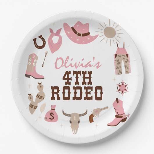 4番目のロデオピンクウェスタンカウボーイ4th誕生日 ペーパープレート (正面)