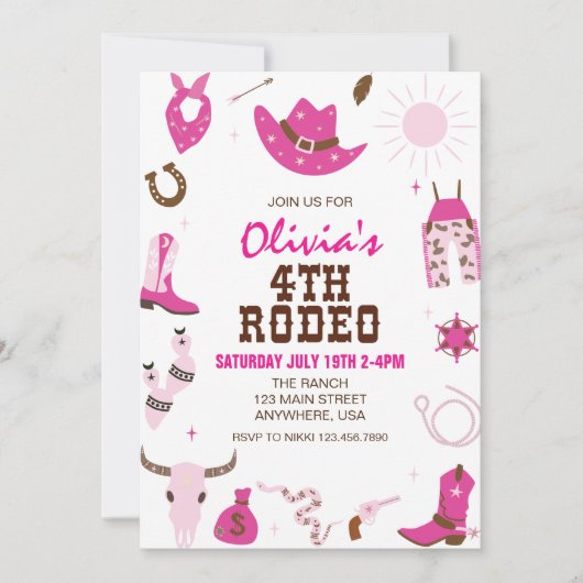 4番目のロデオ熱ピンク西4番目の誕生日 招待状 (正面)