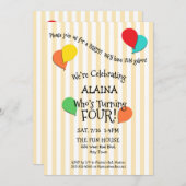 4番目の誕生日パーティー写真のバルーンの追加招待状 招待状 (正面/裏面)