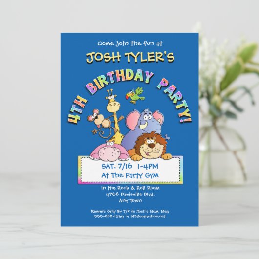 4番目の誕生日パーティー写真動物の招待状 招待状 (スタンド正面)