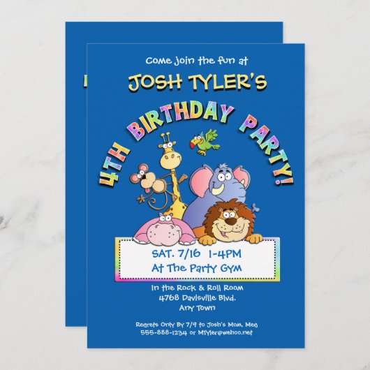 4番目の誕生日パーティー写真動物の招待状 招待状 (正面/裏面)