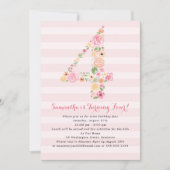 4番目の誕生日ピンクの水色の花模様数 招待状 (正面)