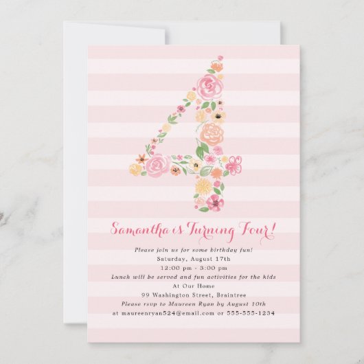 4番目の誕生日ピンクの水色の花模様数 招待状 (正面)