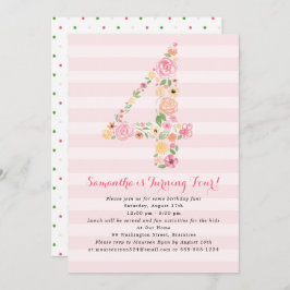 4番目の誕生日ピンクの水色の花模様数 招待状