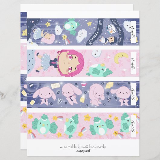 4編集可能かわいいブルー&ピンクのブックマーク (正面/裏面)