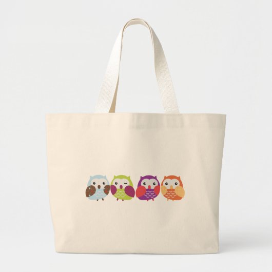 4羽のカラフルなフクロウ ラージトートバッグ (正面)