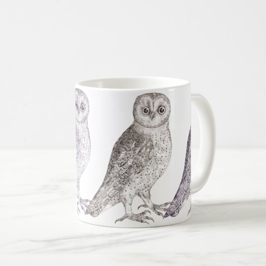 4羽のフクロウのコーヒー・マグ-斑点を付けられたフクロウの旧式なプリント コーヒーマグカップ (正面右)