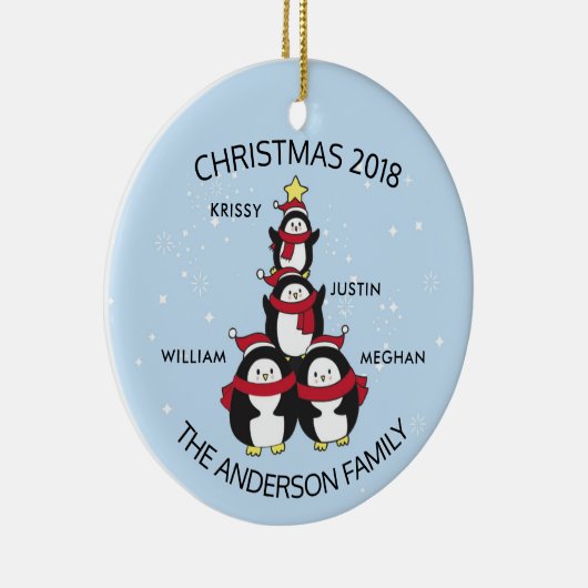 4羽のペンギンのクリスマスのおもしろいのパーソナライズな系列 セラミックオーナメント (右)