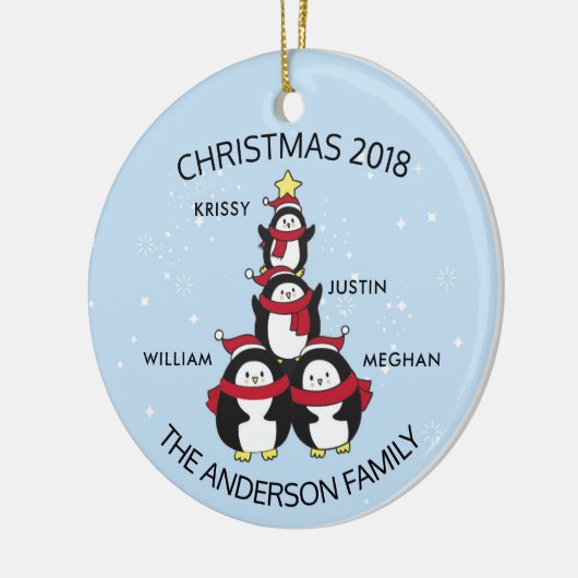 4羽のペンギンのクリスマスのおもしろいのパーソナライズな系列 セラミックオーナメント (左)