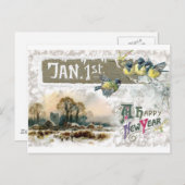 4羽の小鳥が新年を祝ってツイート シーズンポストカード (正面/裏面)