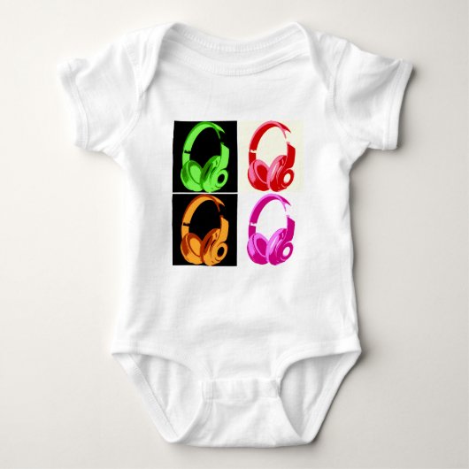 4色ヘッドフォンポップ・アートのアートヘッドフォン ベビーボディスーツ (正面)