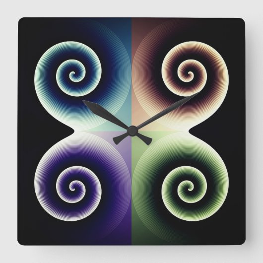4色渦巻き抽象芸術アート スクエア壁時計 (正面)