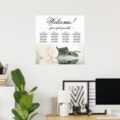 4表ホワイトローズエレガントな結婚式の座席表 ポスター (ホームオフィス)