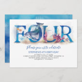 4誕生日招待状ブルー海水中ワールド 招待状 (正面/裏面)