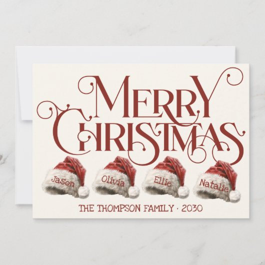 4赤カスタムメリークリスマスのサンタハットファミリー シーズンカード (正面)