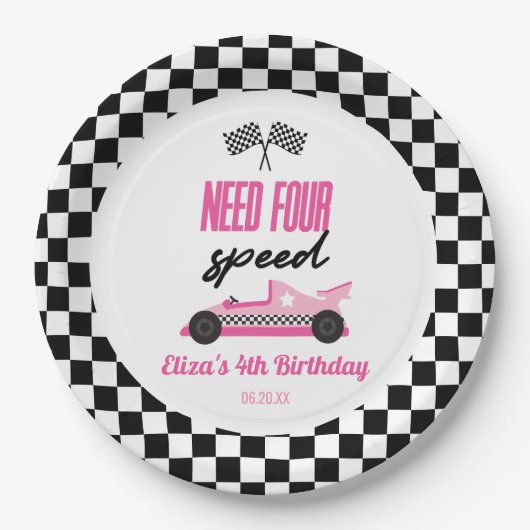 4速ピンクレースカー4th誕生日パーティー ペーパープレート (正面)