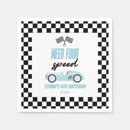 4速ブルーレースカー4th誕生日パーティー スタンダードカクテルナプキン (正面)