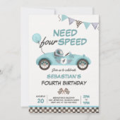 4速ブルーレースカー4th誕生日パーティー 招待状 (正面)