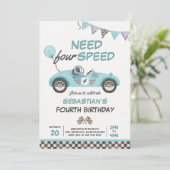 4速ブルーレースカー4th誕生日パーティー 招待状 (スタンド正面)