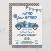 4速ブルーレースカー4th誕生日パーティー 招待状 (正面/裏面)