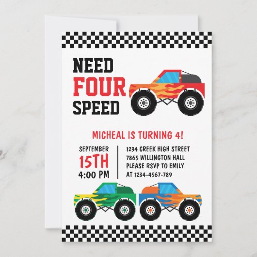 4速モンスタートラックレースカーが必要4th 招待状 (正面)