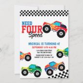 4速モンスタートラックレース4歳の誕生日を必要とする 招待状 (正面)