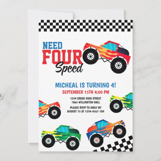 4速モンスタートラックレース4歳の誕生日を必要とする 招待状 (正面)