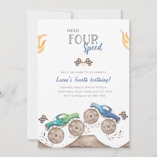 4速モンスタートラック4th誕生日が必要 招待状 (正面)