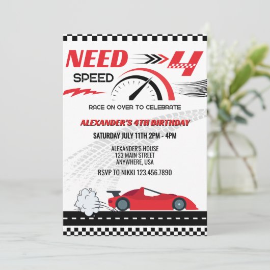 4速レッドレースカー子供の誕生日 招待状 (スタンド正面)