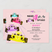 4速レーサーガールカーレース4th誕生日を必要とする 招待状 (正面/裏面)
