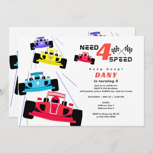 4速レーサーボーイカーレース4th誕生日を必要とする 招待状 (正面/裏面)