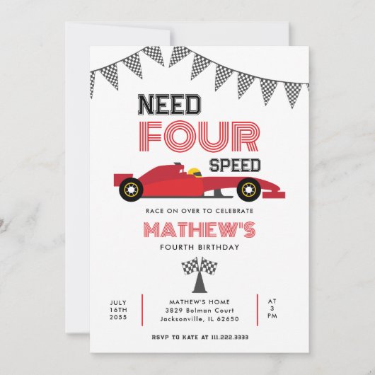 4速レースカー4th誕生日パーティーが必要 招待状 (正面)