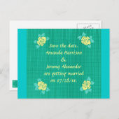 4黄色のバラ緑のテールプレイド日付を保存 案内ポストカード (正面/裏面)