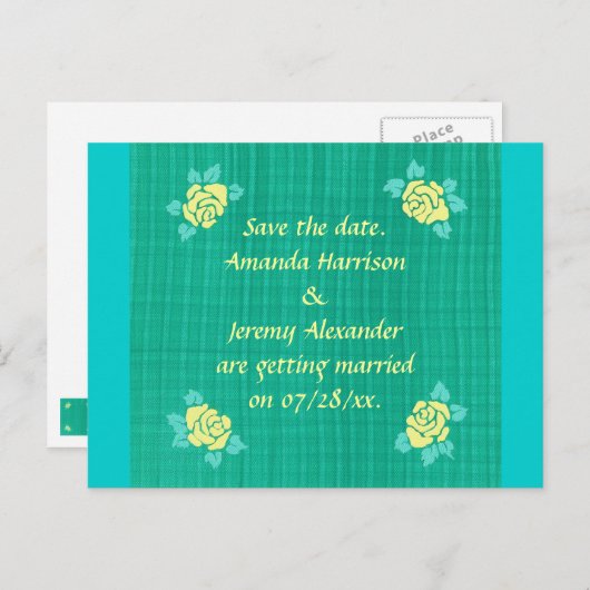 4黄色のバラ緑のテールプレイド日付を保存 案内ポストカード (正面/裏面)