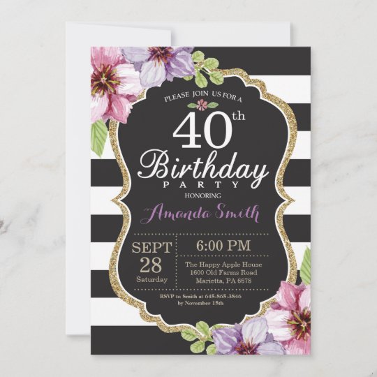 40歳の誕生日招待状の女性 フローラ金ゴールドブラック 招待状 Zazzle Co Jp