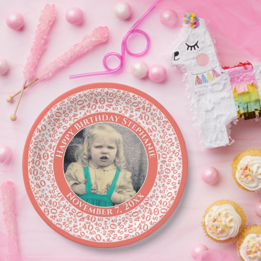 40あなたの写真の乱数パターンサンゴ/白 ペーパープレート (パーティー)