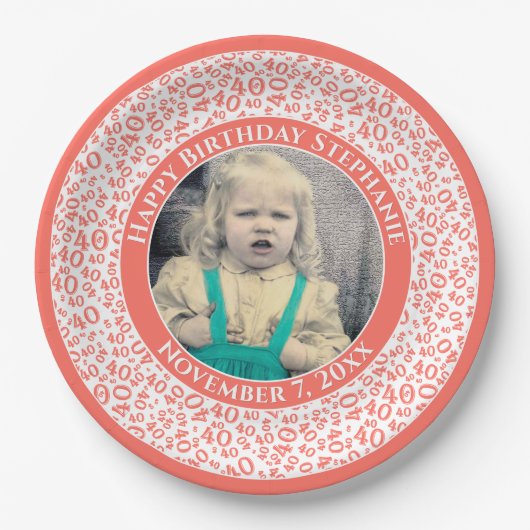 40あなたの写真の乱数パターンサンゴ/白 ペーパープレート (正面)