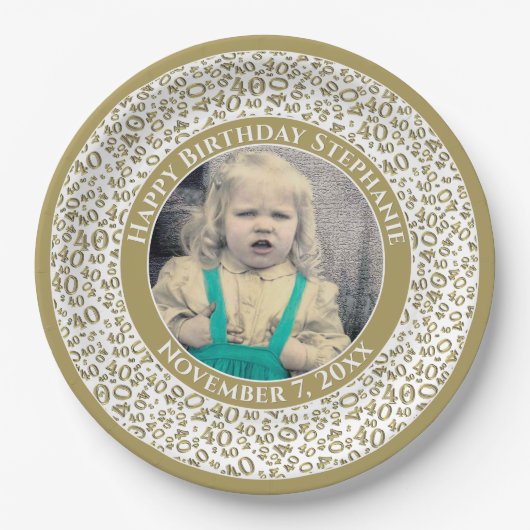 40あなたの写真の乱数パターン金ゴールド/白 ペーパープレート (正面)