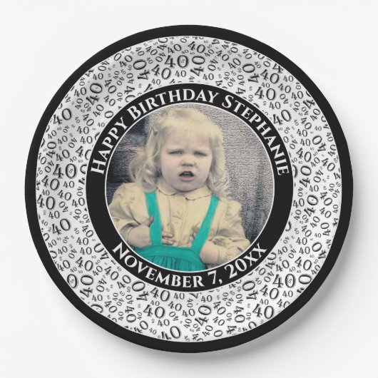 40あなたの写真の乱数パターン黒/白 ペーパープレート (正面)