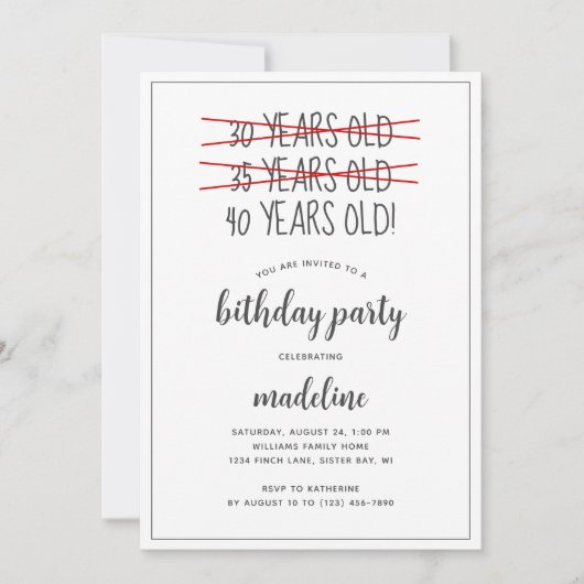 40おもしろい歳の誕生日パーティー 招待状 (正面)