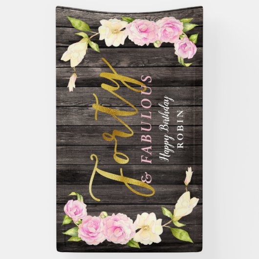 40およびすばらしく素朴な花柄の第40誕生日 横断幕 (縦)